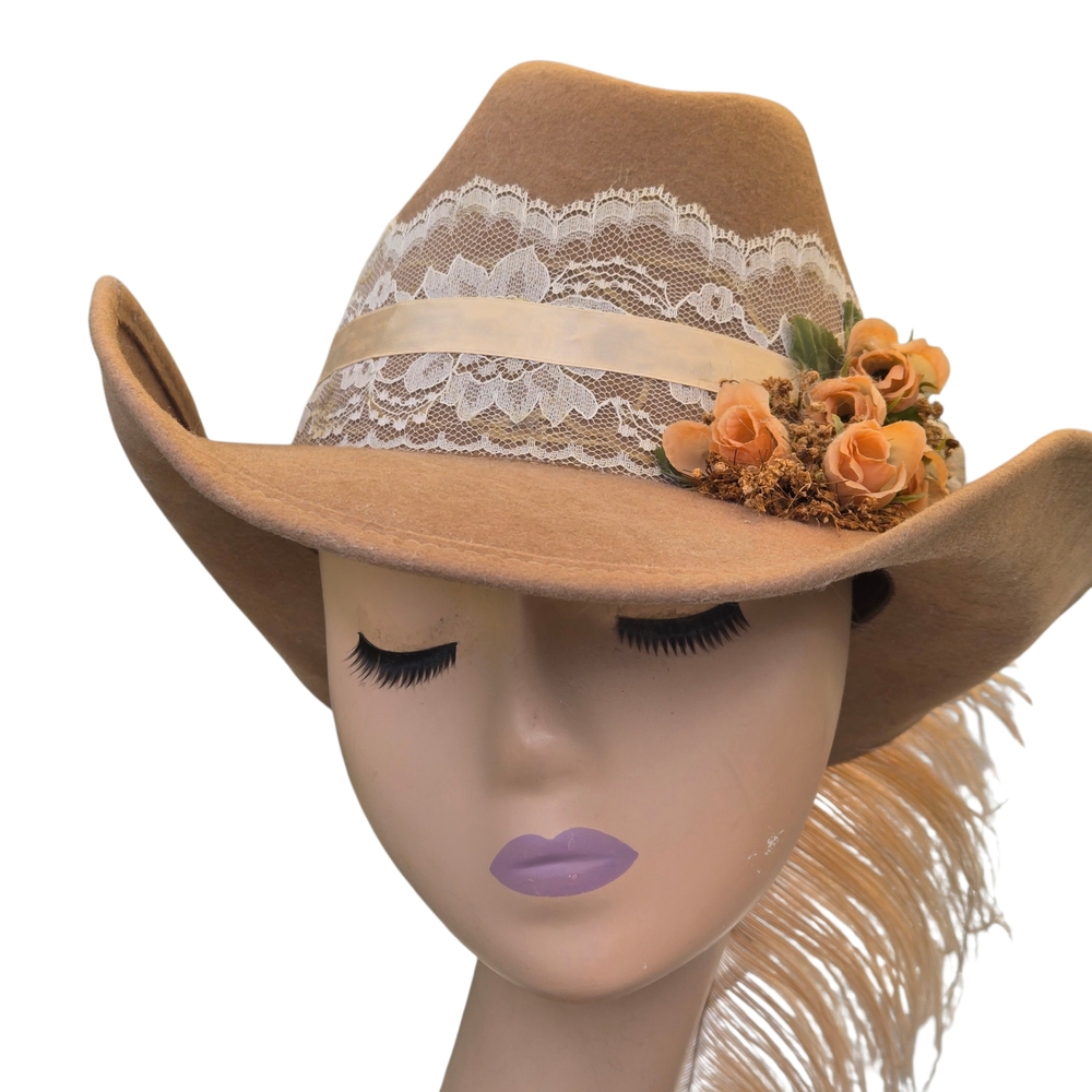 Chic Tan Lace Women's Hat with Floral Accents